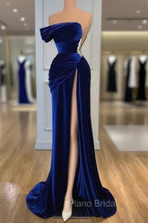 Blue Off-the-Shoulder Velvet Formal Prom Dresses Mermaid Long With Split