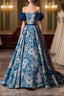Blue Printed Long A-Line Formal Prom Dresses, Blue Off the Shoulder Formal Evening Dresses