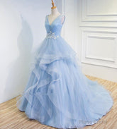 Blue Prom Dresses V-neck Ball Gown Sweep Train Party Dress, Sweet 16 Gown