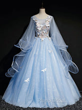 Blue Round Neck Tulle Lace Long Formal Prom Dresses, Blue Sweet 16 Dresses