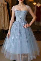 Blue round neck tulle lace short Formal Prom dress, blue homecoming dress