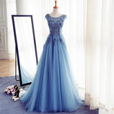 Blue Round Neckline Long Applique Elegant Senior Formal Dress, Long Party Gowns