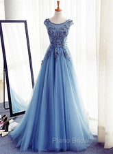 Blue Round Neckline Long Applique Elegant Senior Formal Dresses, Long Party Gowns