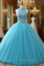 Blue Rulle Lace Appliques High Neck Backless Sweet 15 Dresses