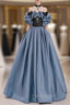 Blue Satin Black Lace Strapless Formal Prom Dresses