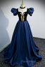 Blue Satin Lace Long Formal Prom Dresses, Blue Short Sleeve Evening Party Dresses