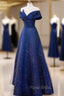 Blue Satin Long A-line Formal Dresses Formal Prom Dresses, Off Shoulder Blue Evening Dresses