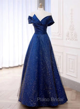 Blue Satin Long A-line Formal Dresses Formal Prom Dresses, Off Shoulder Blue Evening Dresses