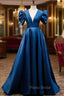 Blue Satin Long A-Line Formal Prom Dresses, Elegant Short Sleeve Party Dresses
