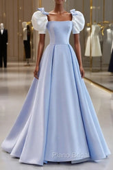 Blue Satin Long A-Line Formal Prom Dresses, Lovely Short Sleeve Formal Evening Dresses