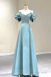 Blue Satin Long A-Line Prom Dress, Unique Spaghetti Straps Evening Dress