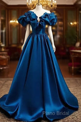 Blue Satin Long Off Shoulder A-Line Formal Prom Dresses, Blue Sweetheart Formal Dresses