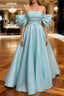 Blue Satin Off Shoulder Long Party Dresses, A-line Blue Formal Prom Dresses