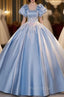 Blue Satin Puff Sleeve Appliques Quinceanera Dresses