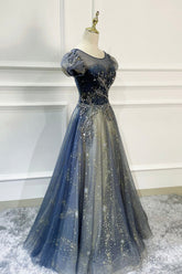 Blue Scoop Neckline Tulle Long Prom Dress with Beaded, A-Line Evening Party Dress