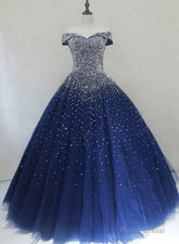 Blue Sequins Ball Gown Off Shoulder Party Dress Blue Sweet 16 Gown prom dresses shops