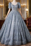 Blue Sequins Short Sleeve Beading Quinceanera Dresses