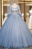 Blue Sequins Tulle Long Sleeve Quinceanera Dresses