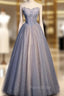 Blue Sequins Tulle Strapless Beading Formal Prom Dresses