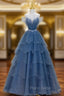 Blue Shiny Tulle Long Beaded A-line Formal Prom Dresses, Blue Floor Length Party Dresses