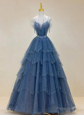 Blue Shiny Tulle Long Beaded A-line Prom Dress, Blue Floor Length Party Dress