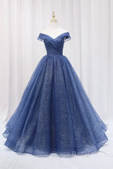 Blue Shiny Tulle Off the Shoulder Formal Prom Dresses, Blue V-Neck Evening Dresses