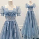 Blue Shiny Tulle Short Sleeves Long Formal Dress, Blue A-line Prom Dress