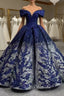Blue Silver Ball Gown Sequins Appliques Formal Prom Dresses