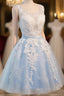 Blue Simple Tulle Homecoming Dresses Lace Applique, Baby Blue Sash Backless A Line Knee Length Formal Dresses