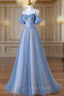 Blue Spaghetti Strap Tulle Long Formal Prom Dresses, A-Line Evening Dresses