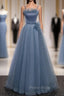 Blue Spaghetti Straps Tulle Sequins Beading Formal Prom Dresses