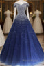 Blue Sparkle Off Shoulder Ball Party Dresses Handmade Beaded Party Dresses Elegant Formal Prom Dresses Evening Dresses