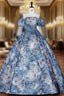 Blue Strapless Print Quinceanera Dresses With Detachable Sleeve