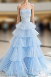 Blue Strapless Tulle Layers Long Formal Prom Dresses, A-Line Evening Dresses