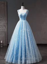 Blue Straps Tulle Floral Long Formal Prom Dresses, Blue Formal Dresses Party Dresses