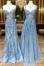 Blue Sweetheart Neck Lace Long Formal Prom Dresses, Blue A-line Lace Graduation Dresses