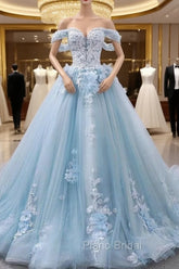 Blue Sweetheart Tulle Lace Long Formal Prom Dresses, Blue Wedding Dresses