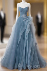 Blue Sweetheart Tulle Layers Long Formal Dresses, Blue Long Party Dresses Formal Prom Dresses