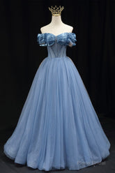 Blue Sweetheart Tulle Long Formal Dress, Off the Shoulder Evening Graduation Dress