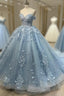 Blue Sweetheart Tulle with Lace Applique Off Shoulder Party Dresses, Blue Sweet 16 Dresses