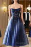 Blue Tea Length Tulle Formal Prom Dresses, Blue Tulle Bridesmaid Dresses