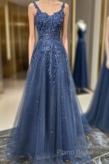 Blue Tulle Applique Long Formal Dresses Formal Prom Dresses