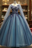 Blue Tulle Ball Gown Long Sweet 16 Dresses With Lace Applique, Formal Prom Dresses