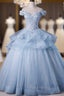 Blue Tulle Ball Gown Off Shoulder Layers Sweet 16 Dresses, Blue Formal Dresses with Lace