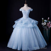 Blue Tulle Ball Gown Off Shoulder Layers Sweet 16 Dress, Blue Formal Dress with Lace
