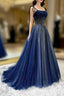 Blue Tulle Beaded Long A-Line Formal Prom Dresses, Blue Spaghetti Straps Evening Dresses