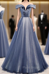 Blue Tulle Beads Long Formal Prom Dresses, Blue Tulle Formal Dresses