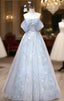 Blue Tulle Flower Off the Shoulder Formal Prom Dresses