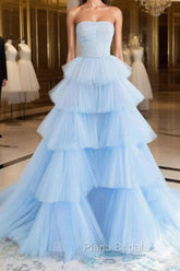 Blue Tulle High Low Formal Prom Dresses, Blue Tulle High Low Formal Graduation Dresses