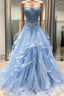 Blue Tulle Lace Appliques Sweetheart Layered Long Formal Prom Dresses